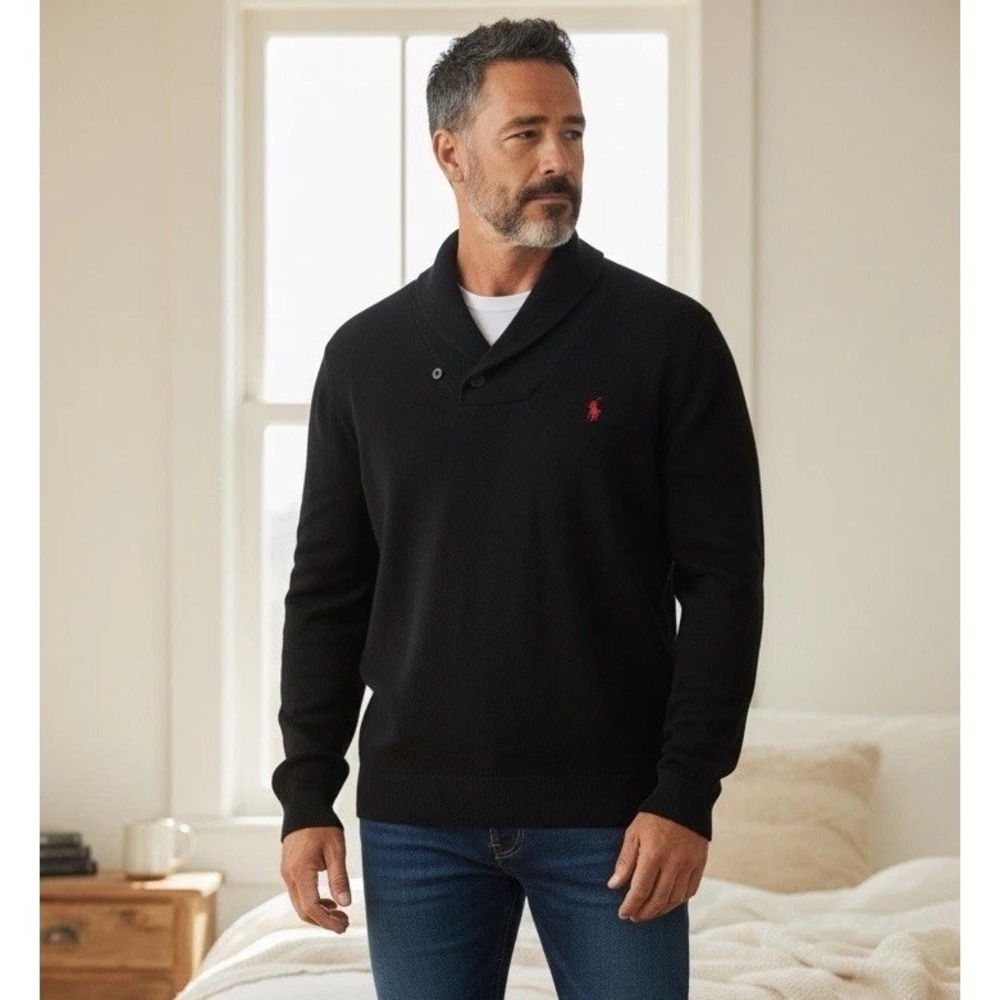 Polo Ralph Lauren Luxury Jersey Shawl-Collar Pullover Men XL Navy Logo